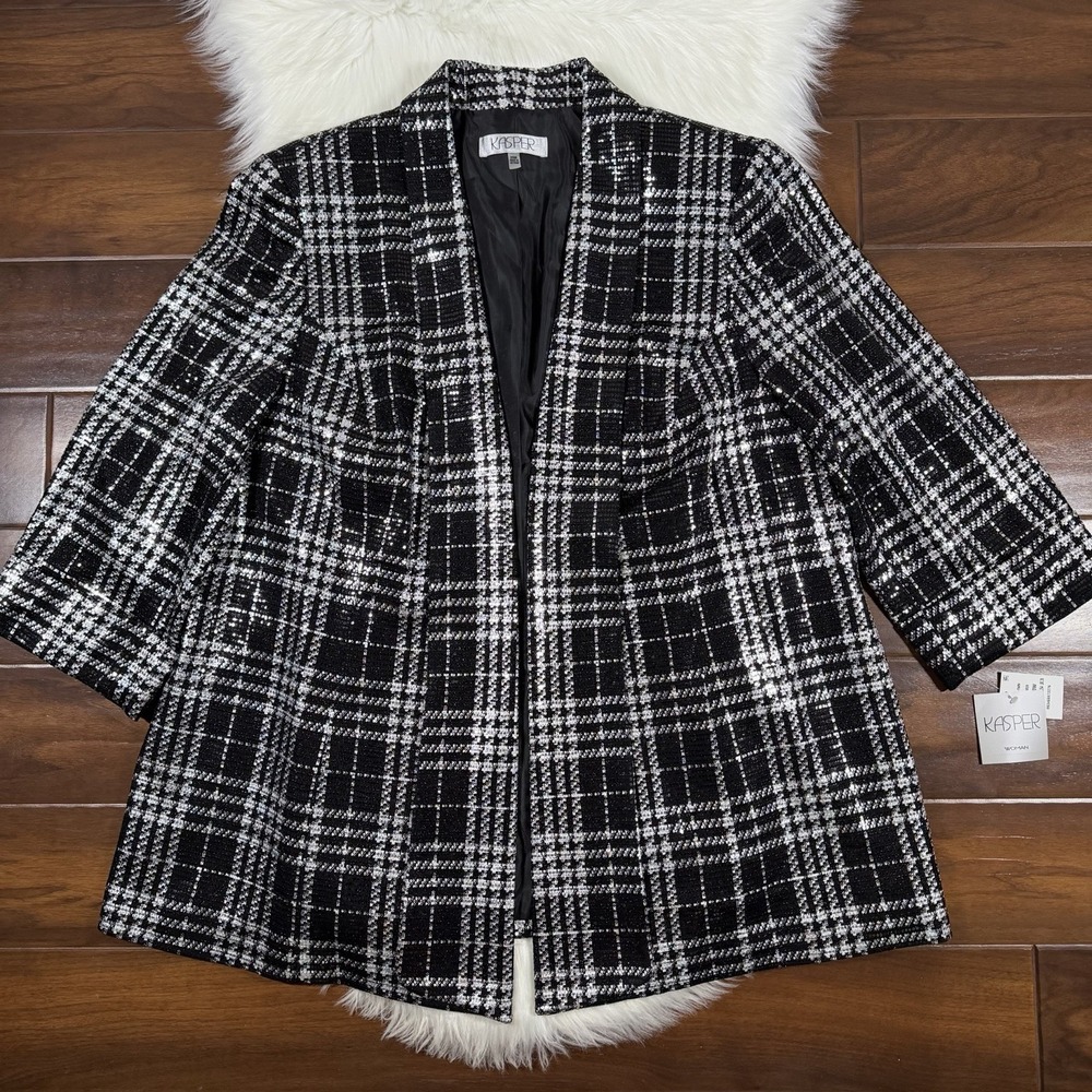 Kasper Women's Plus Size 20 W Black Silver Sequin Open Front Blazer Jacket